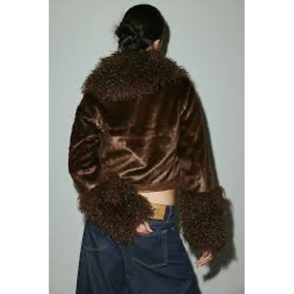 Silence + Noise Brown Faux Fur Shaggy Collar Cuffs Zipper Jacket Womens Medium